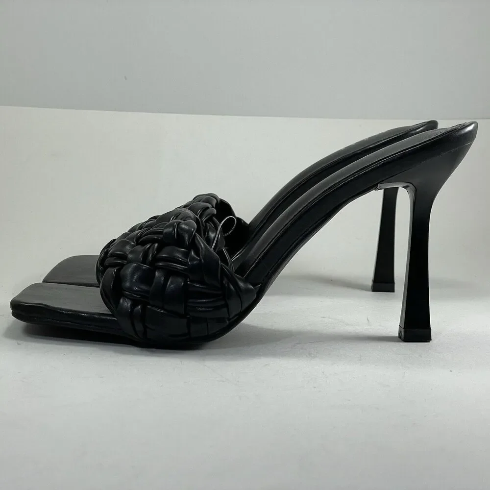 Braided Vegan Leather Square Toe Sandals 4” Womens 6/8.5/9 Black Bella Marie New